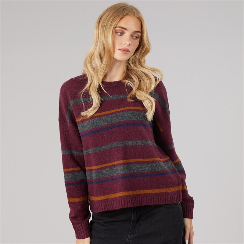 Brave Soul Dames sian trui met ronde hals - Cherry/Multi Stripe
