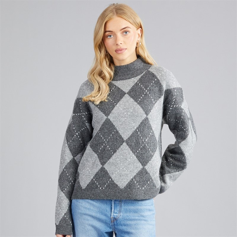Brave Soul Dames oxford argyle trui - Charcoal/Grijs