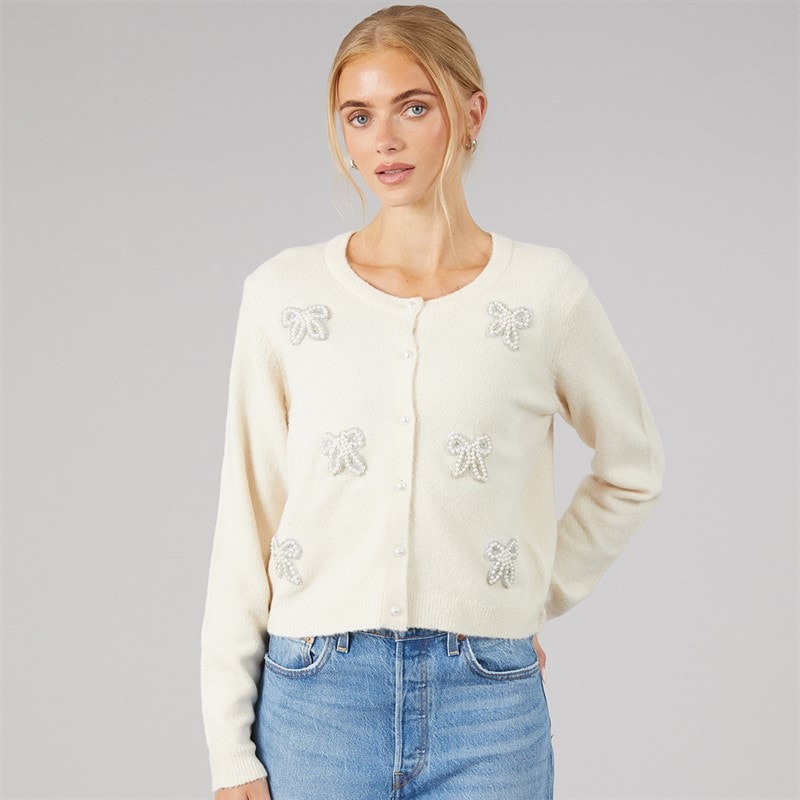 Brave Soul Dames vest met parelstrik - Ivory