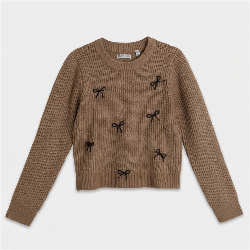 Brave Soul Dames trui pretty fisherman met ronde hals - Mink/Black Bows