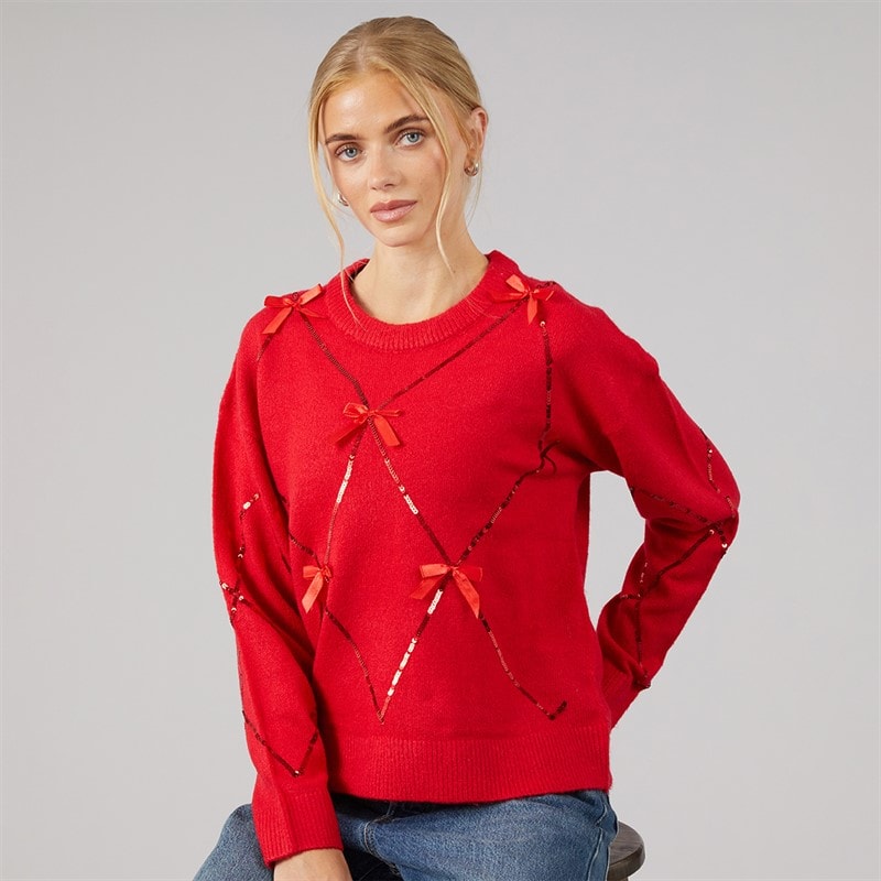 Brave Soul Dames trui met pailletten en ronde hals - Rood