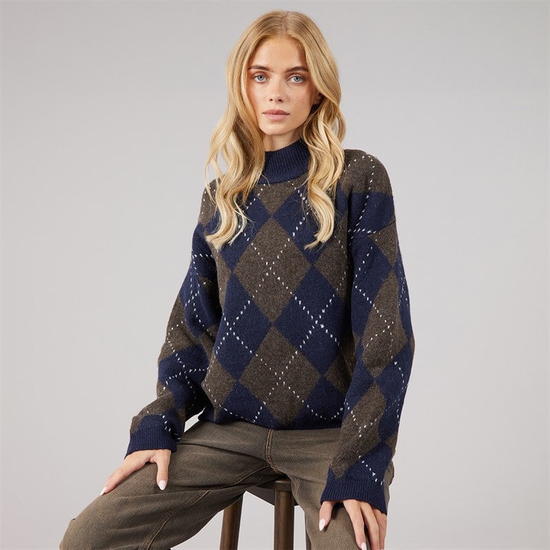 Brave Soul Dames oxford argyle trui - Navy/Bruin