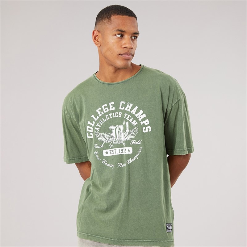 Brave Soul Herren - Elsdon Locker Geschnittenes Rundhals-T-Shirt - Dark Green Acid Wash