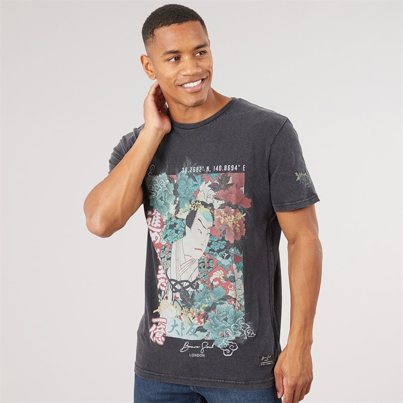 Brave Soul Herren - Oshima Rundhals Kurzarm Bedrucktes T-Shirt - Jet Black Acid Wash/Multi Colour Print