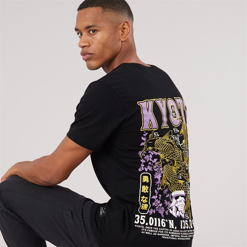 Brave Soul Herren - Hasedara Rundhals Kurzarm T-Shirt - Jet Black/Multi Colour Print