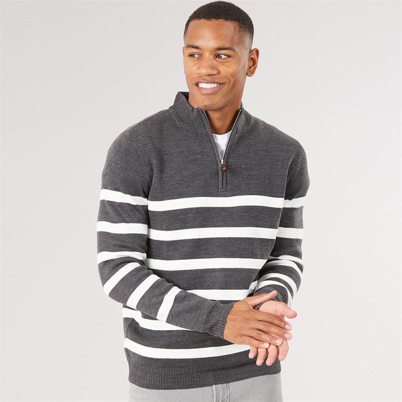 Brave Soul Pull tricoté Heathric à fermeture éclair 1/4 hommes - Charcoal Marl/Ecru