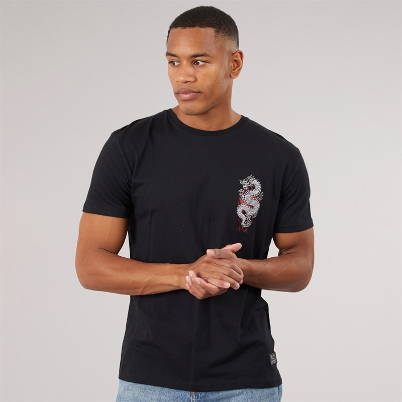 Brave Soul Herren - Aichi Kurzarm T-Shirt mit Rundhalsausschnitt - Jet Black/Multi Colour Print