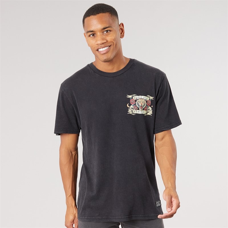 Brave Soul Herren - Molloy Locker Geschnittenes Rundhals-T-Shirt - Schwarz Acid Wash/Multi Colour Print