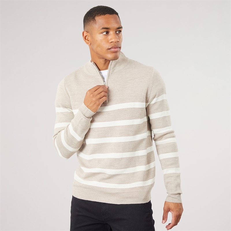 Brave Soul Pull tricoté Heathric à fermeture éclair 1/4 hommes - Taupe Marl/Ecru