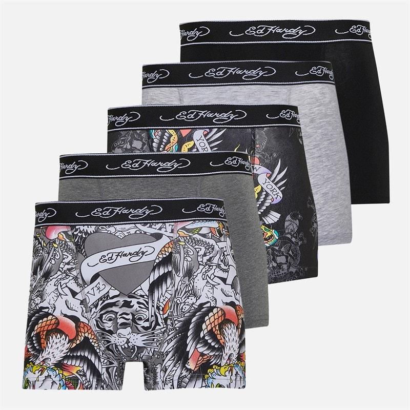 Ed Hardy Herren - Harrop Boxer-Shorts Fünferpack - Black AOP/Graumeliert/Black/White AOP/Charcoal Marl