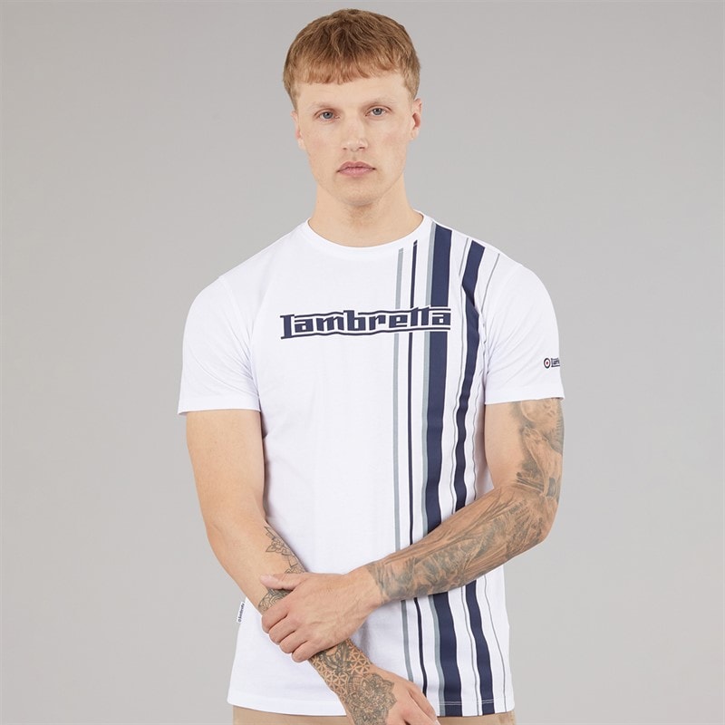 Lambretta Heren t-shirt met racestrepen - Wit/Marineblauw/Grijs