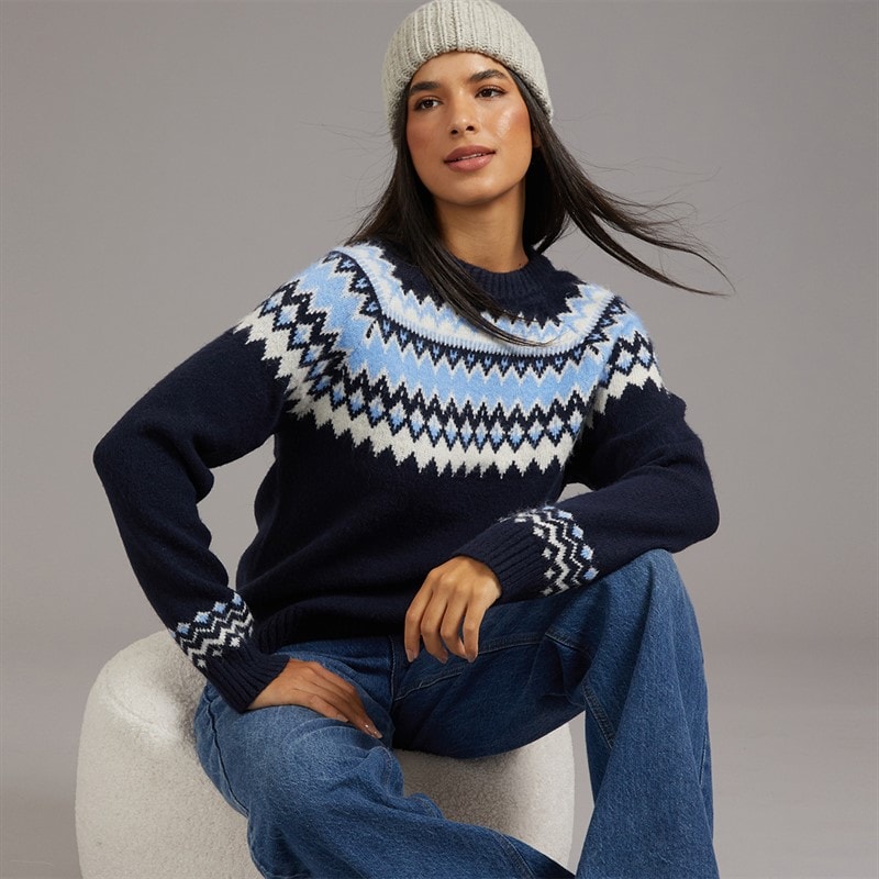 Board Angels Dames fairisle trui met ronde hals - Navy/Blauw/Ivory