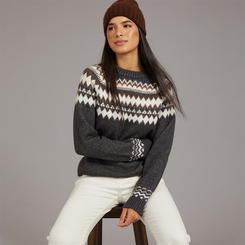 Board Angels Dames fairisle trui met ronde hals - Mid Grey/Chocolate/Ivory