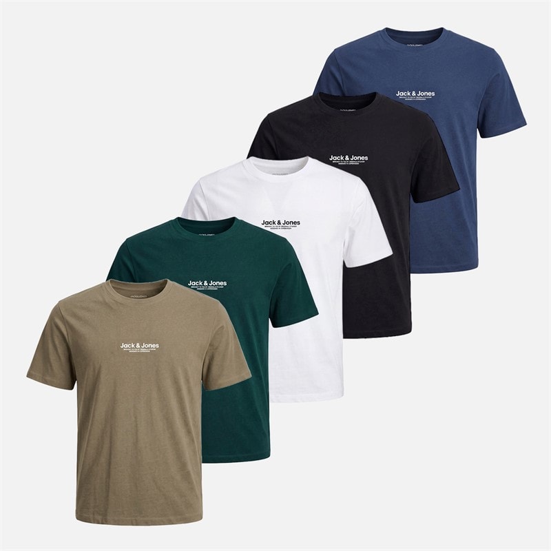 JACK & JONES Heren five pack aris t-shirts - Falcon/Magical Forest/Bright White/Zwart/Insignia Blue