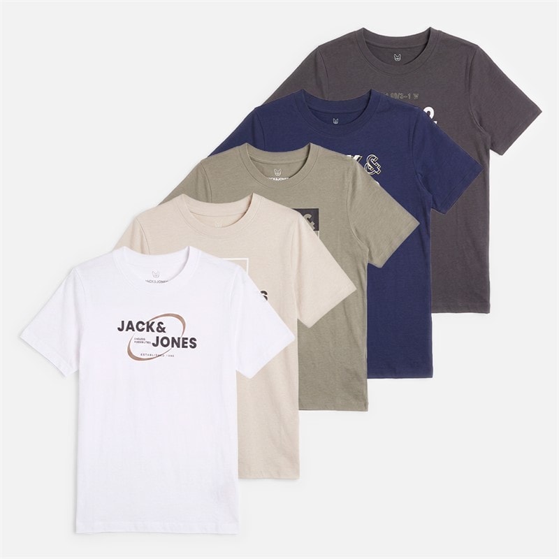 JACK & JONES Lot de cinq t-shirts Andrew garçons - Blanc/Moonbeam/Vativer/Blazer marine/Asphalt