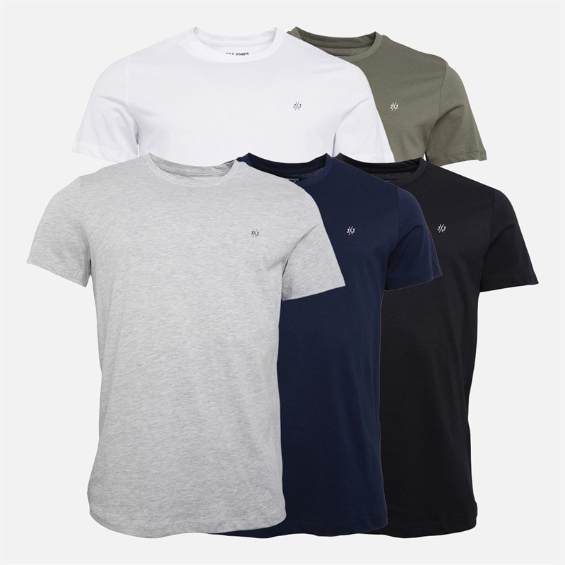 JACK & JONES Heren jxj five pack t-shirts - Navy/Wit/Grijs/Khaki/Zwart
