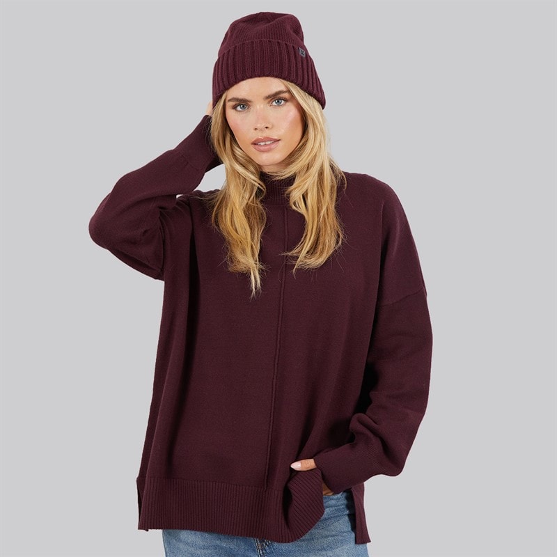 French Connection Damskie ciepły sweter z półgolfem i przeszyciem centralnym - Burgundy Red