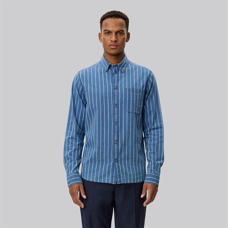 Les Deux Herren Kash Indigo Streifenhemd Denim Blue