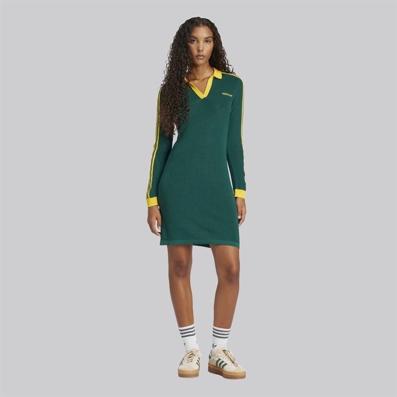 adidas Originals Damen Strick Poloshirt Kleid Collegiate Green/Cream Yellow