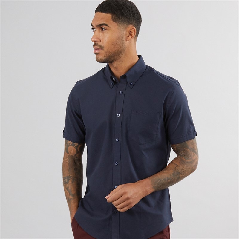 Ben Sherman Heren Oxford Overhemden met korte mouwen Marineblauw