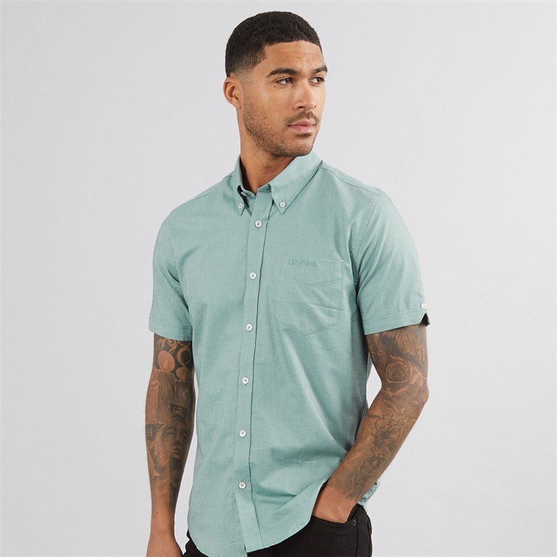 Ben Sherman Heren Oxford Overhemden met korte mouwen Gemeleerd Groen