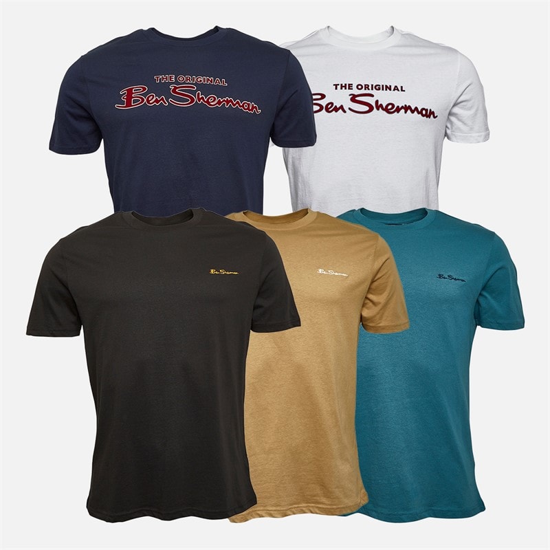 Ben Sherman Heren Gemengde Set van 5 T-Shirts Teal / Stone / Zwart / Wit / Donker Marineblauw