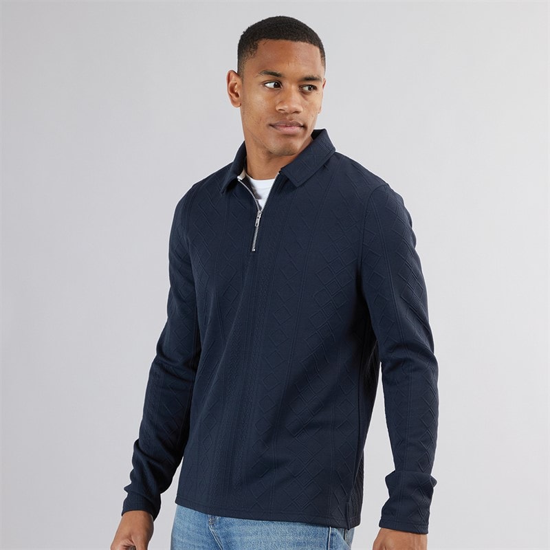 Brave Soul Polo à manches longues Mellark Homme avec fermeture éclair 1/4 Dk Navy