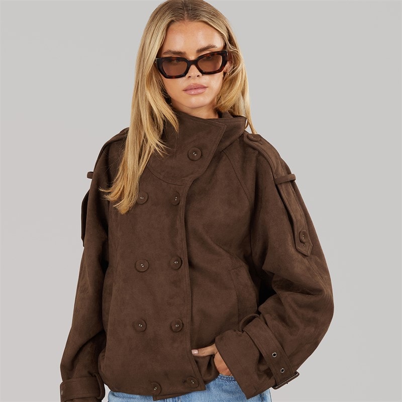 Brave Soul Dames Skia Faux Suede Jas Chocolate