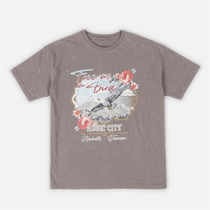 Brave Soul T-shirt Femme effet délavé à l'acide avec motif d'oiseau Grey Acid Wash