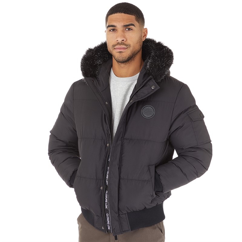 Closure London Heren Pelz Kapuze Puffer Jacke Schwarz