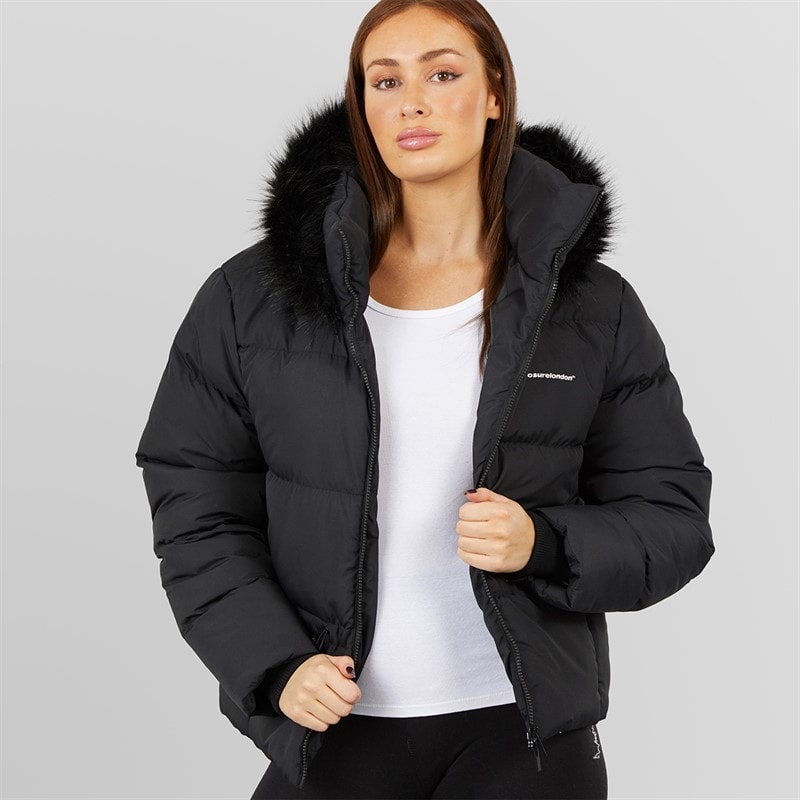 Closure London Dames Puffer met Verstelbare Taille en Nepbont Capuchon Zwart