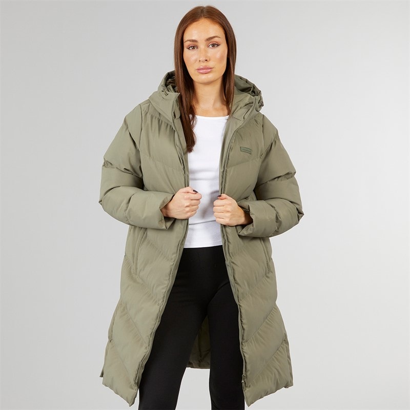 Closure London Dames Langvallende Puffer Jas Met Split Zoom Olive