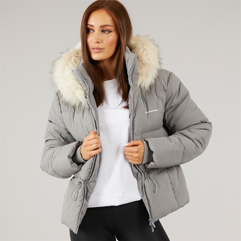 Closure London Dames Puffer met Verstelbare Taille en Nepbont Capuchon Charcoal