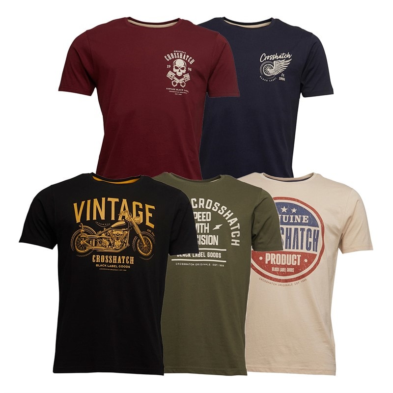 Crosshatch T-Shirts Herren Motohub 5er Pack Oliv/Off White/Burgunder/Schwarz/Marine