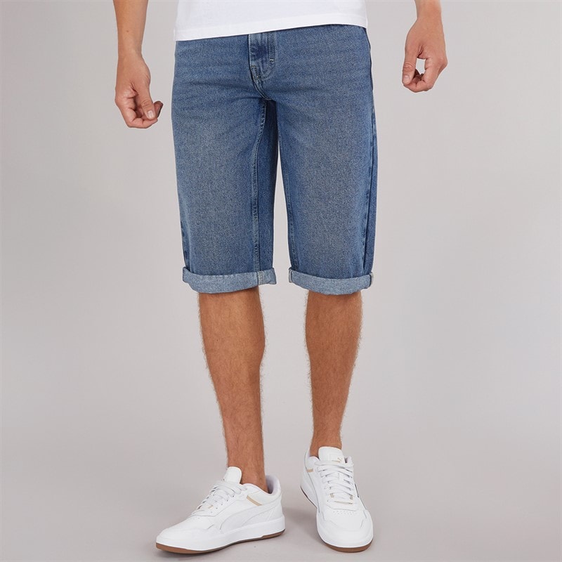 Crosshatch Heren Tillforth Baggy Denim Shorts Stonewash
