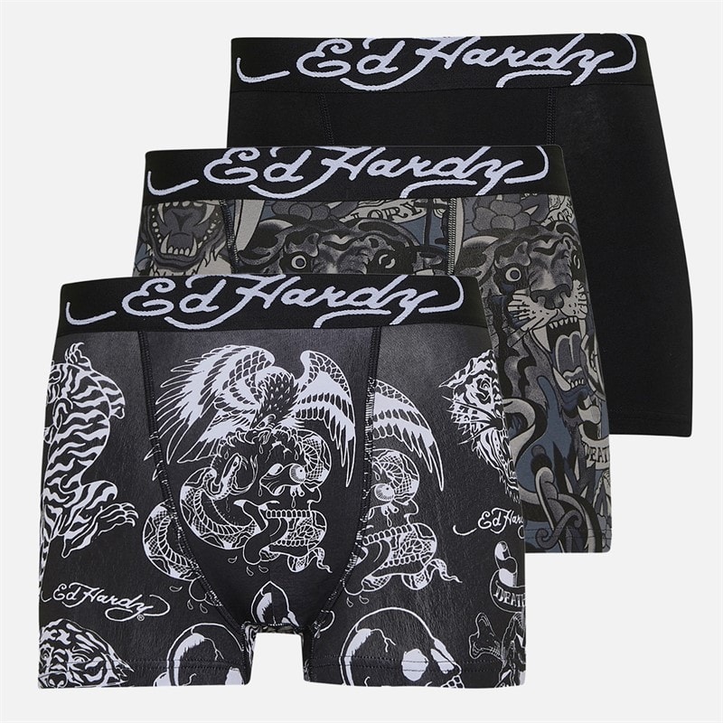 Ed Hardy Herren Drei Pack Boxer Shorts Schwarz Black Aop/Schwarz/Black Aop