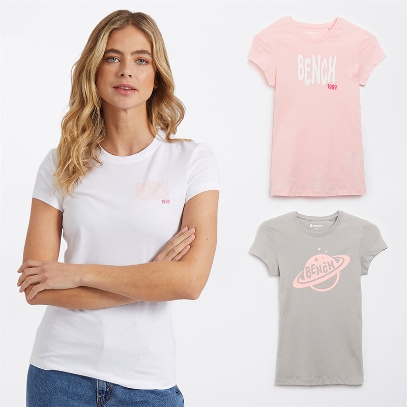 Bench Drie T-shirts met Grafische Print Dames Lolah Roze/Zilvergrijs/Wit