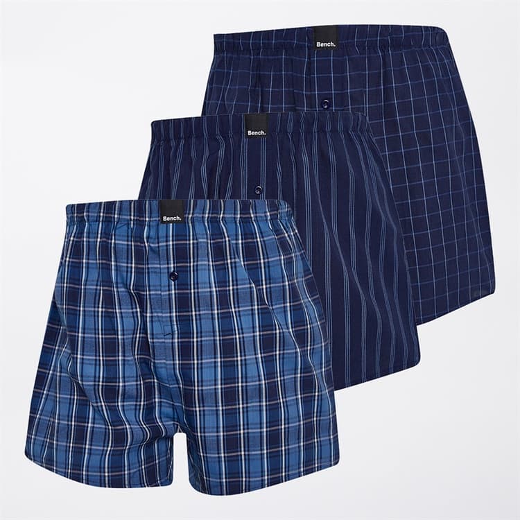 Bench Heren Eiden Drie Pack Geweven Boxer Shorts Navy Stripe/Navy Denim Check/Navy Grid
