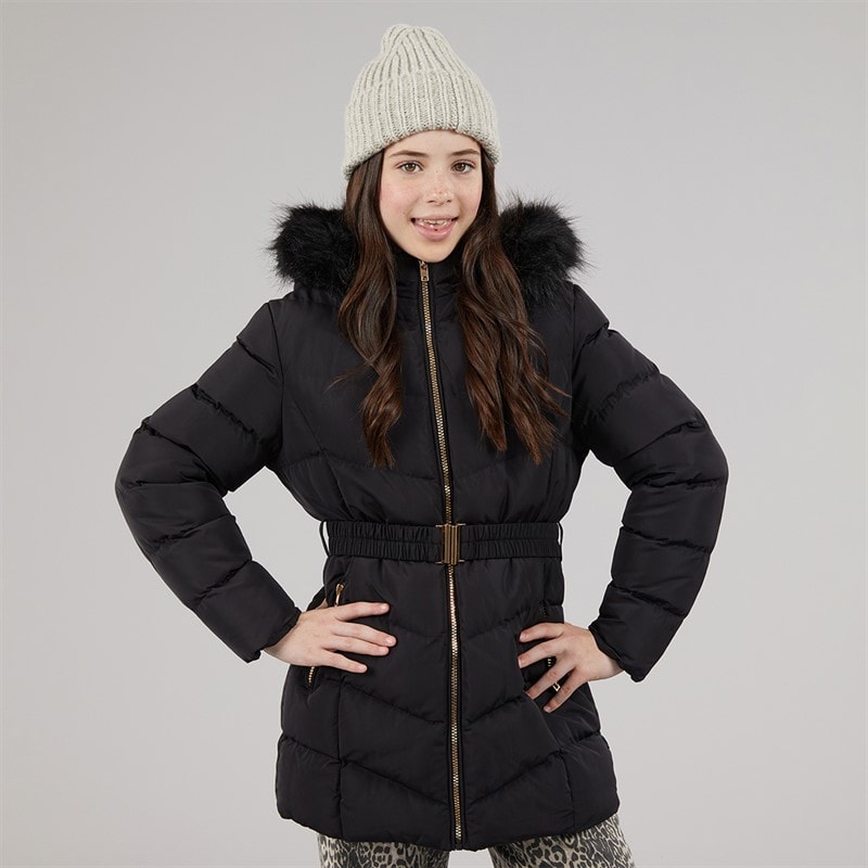 Board Angels Mädchen Jacke mit Gürtel und Kunstfell Kapuze Schwarz