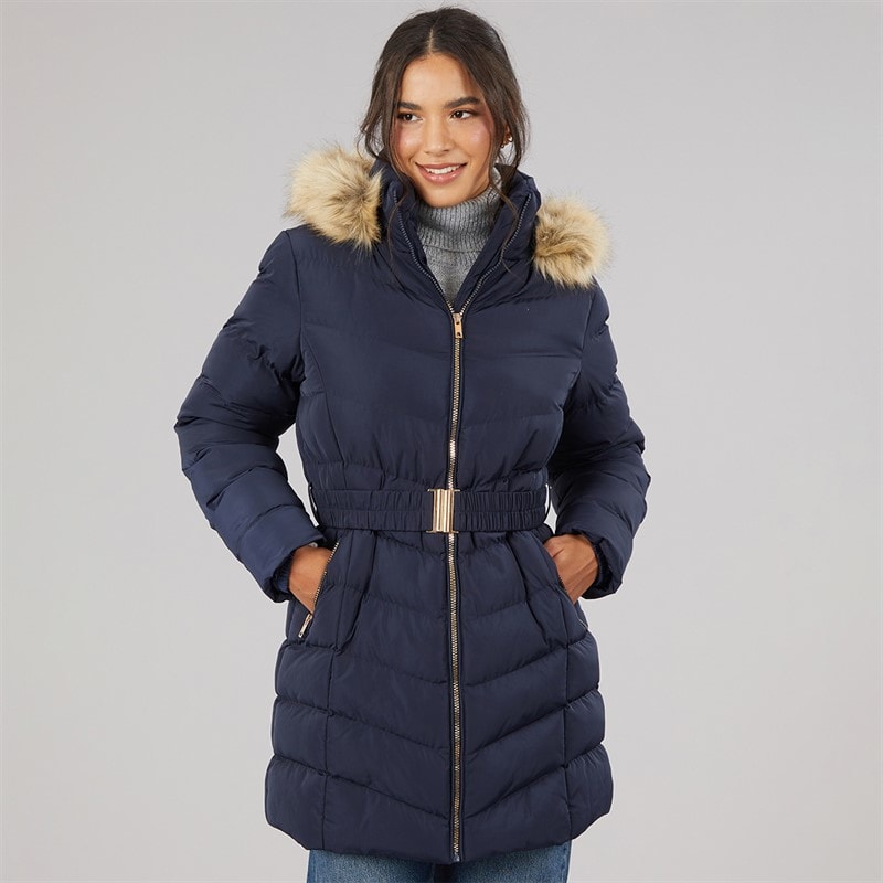 Board Angels Veste Ceinturée Femme à Capuche Bordée de Fausse Fourrure Marine
