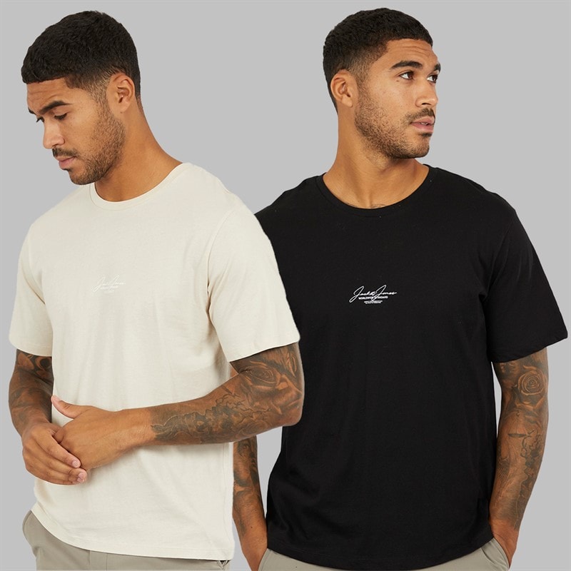 JACK & JONES Herren Cover Script 2er-Pack Locker Geschnittene T-Shirts Schwarz / Moonbeam