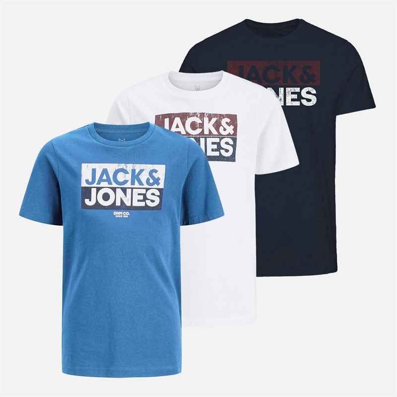JACK & JONES Jongens Atfal Drie Pak T-shirts Kobalt Blauw / Wit / Marine Print