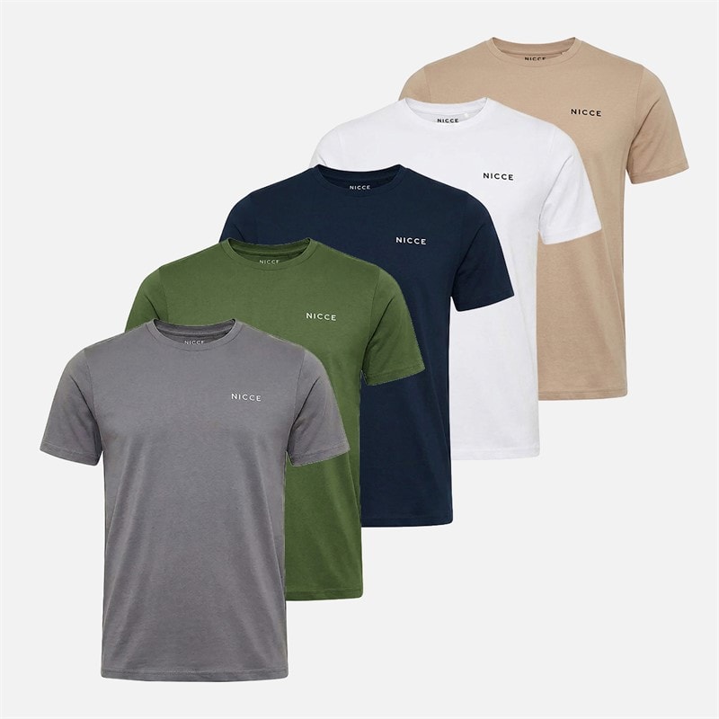 NICCE Herren Bardwell Fünferpack T Shirts Dark Stone/Steel Grey/Weiss/Navy/Khaki