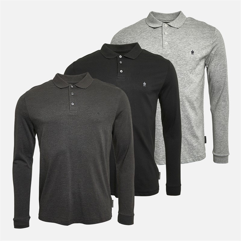French Connection Herren 3er Pack Langarm Poloshirts Multi 1 - Black/Charcoalmel/Lgm