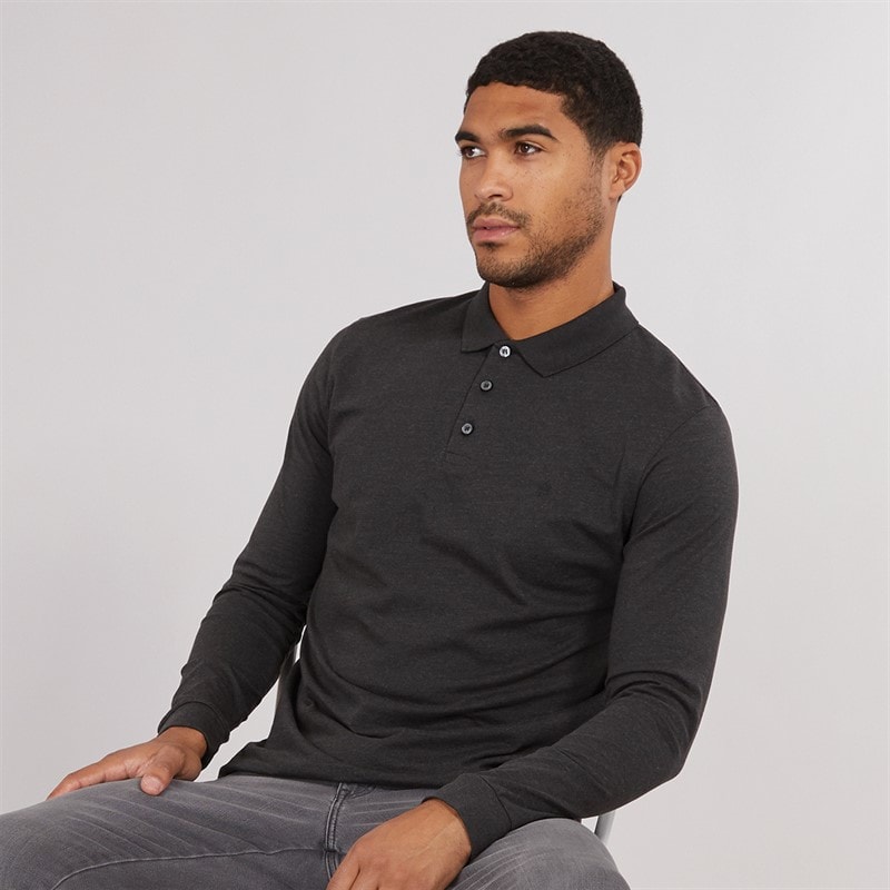French Connection Herren L/S J Poloshirt Charcoal Mel/Schwarz