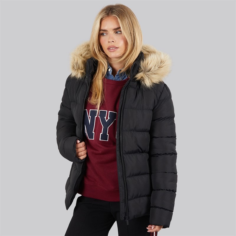 French Connection Damen Row Parka Kurzer Puffer Mantel Schwarz