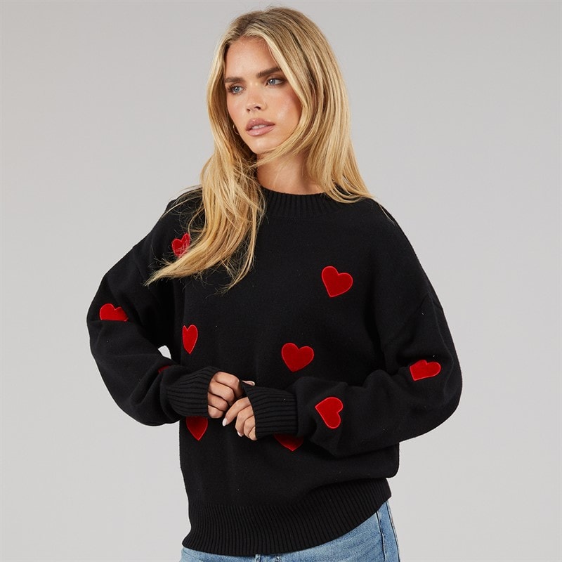 French Connection Damen Herz Appliq Crew Pullover Schwarz/Lipstick Red
