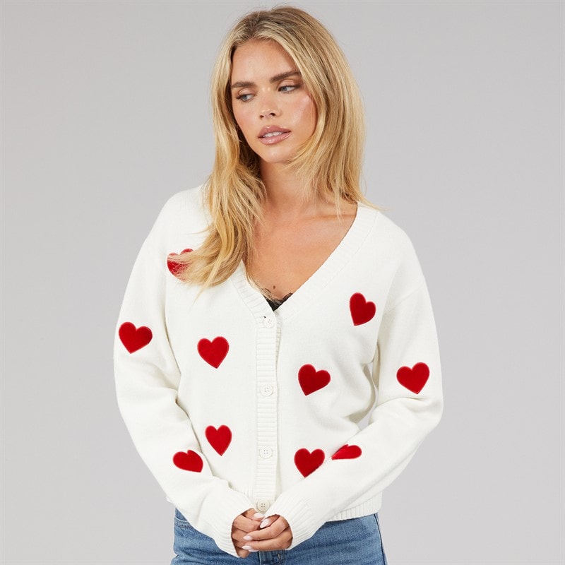 French Connection Damen Herz Applikation Strickjacke Winter White/Lipstick Red