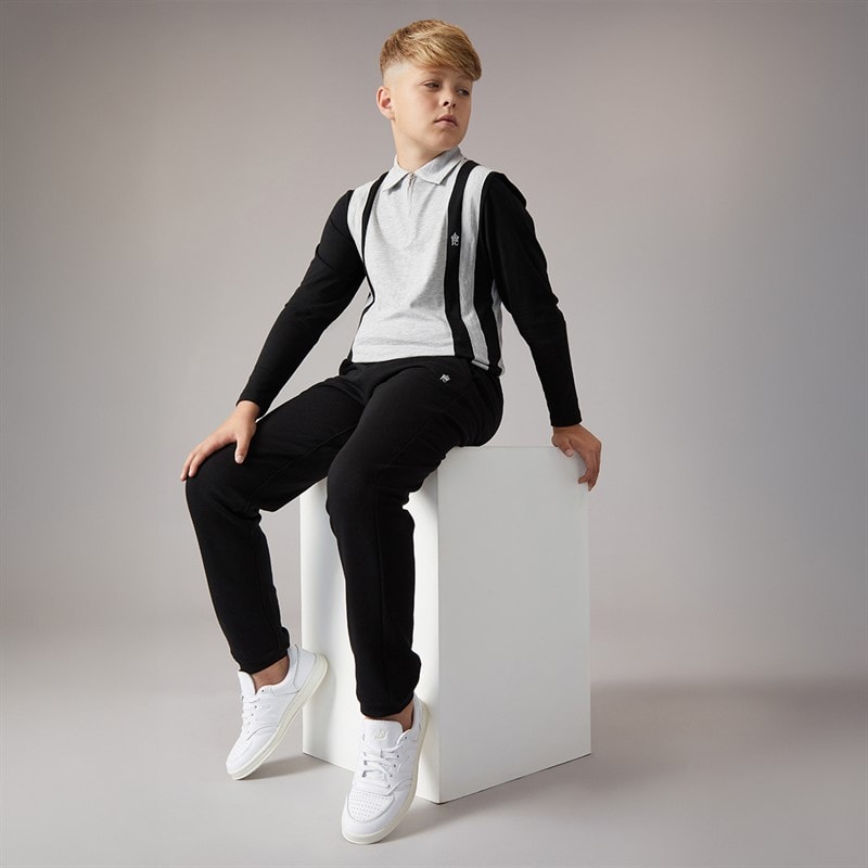 French Connection Jongens Court Lange Mouw Ritssluiting Poloshirt En Joggingbroek Set Zwart/Light Grey Melange