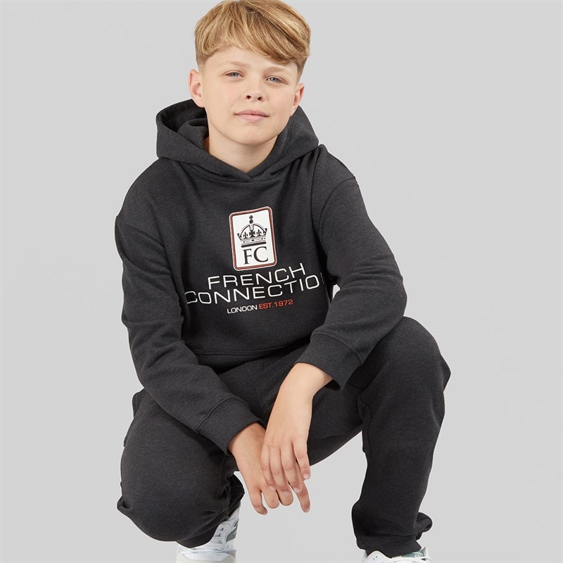 French Connection Ensemble sweat à Capuche et pantalon de jogging Garçon avec logo Charcoal Melange/Ecru/Burnt Orange